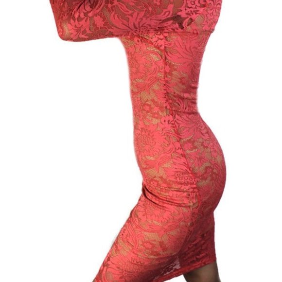 Coral Lace Overlay Dress 3/4 Sleeve Size Small - Picture 4 of 9